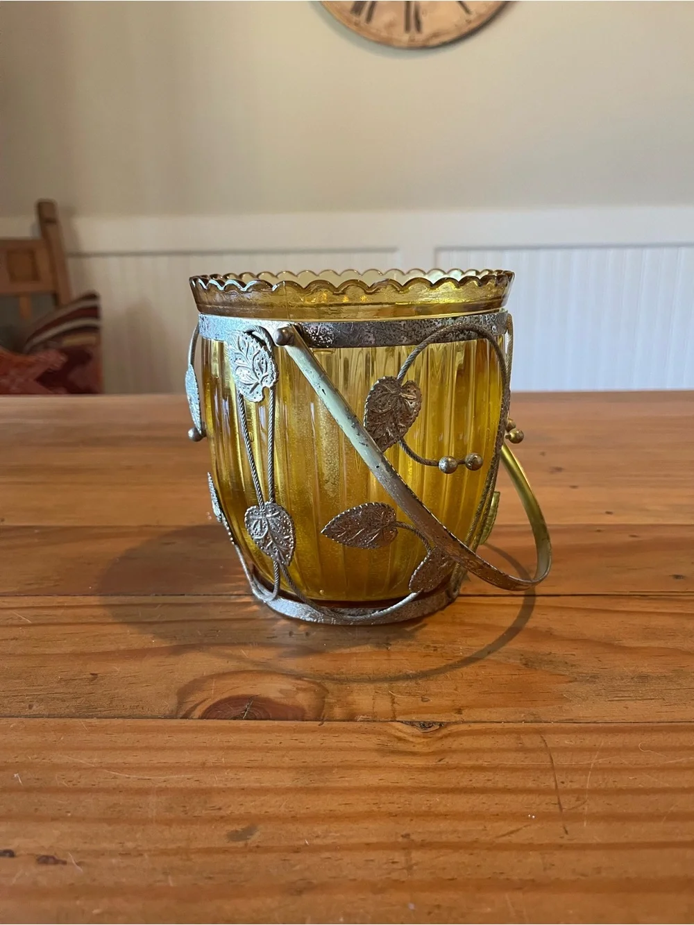 Vintage Amber Glass Ice Bucket with Caged Leaf and Handle